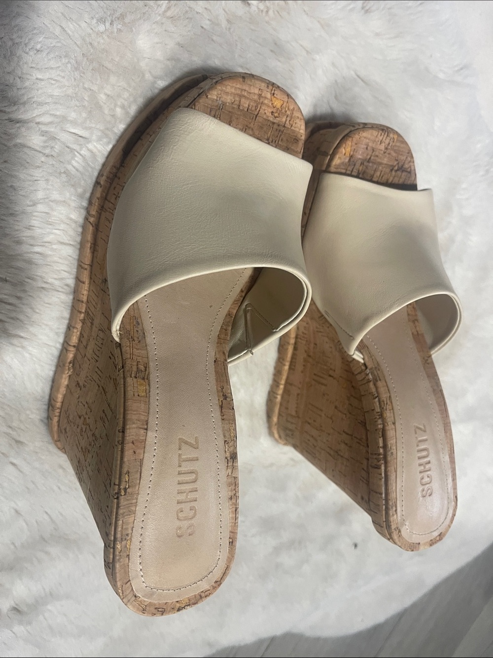 SCHUTZ Cream Leather Cork Wedge Slide Sandals